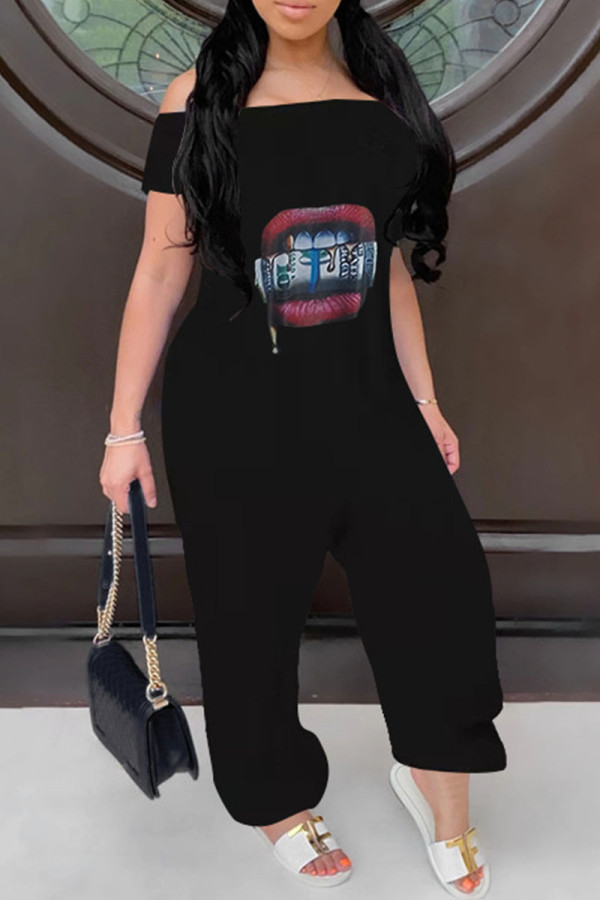Black Casual Print Patchwork Off the Shoulder Loose Jumpsuits