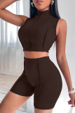 Coffee Casual Sportswear Solid Patchwork O Neck Sleeveless Two Pieces