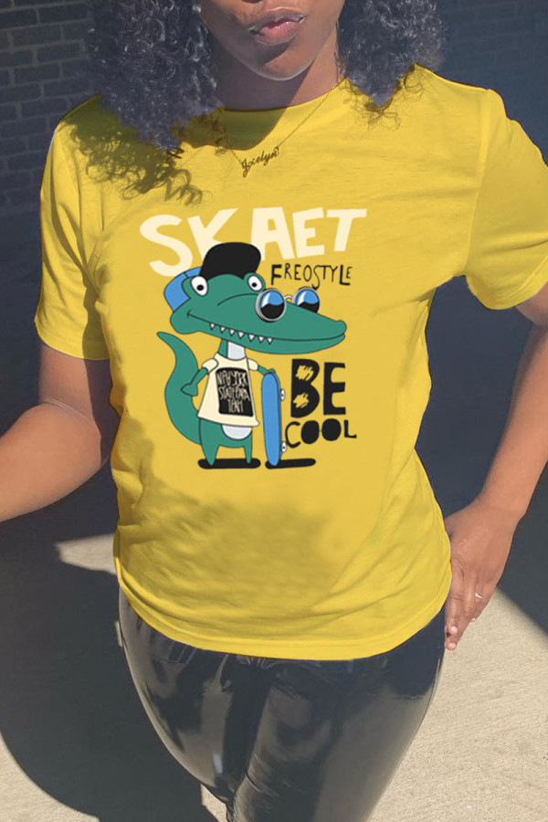 Yellow Fashion Casual Letter Cartoon Print Basic O Neck T-Shirts