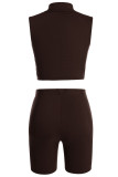 Coffee Casual Sportswear Solid Patchwork O Neck Sleeveless Two Pieces