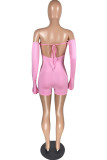 Pink Fashion Sexy Solid Backless Off the Shoulder Skinny Romper