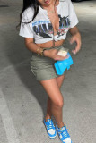 White Sexy Street Print Bandage Patchwork Slit T-Shirts