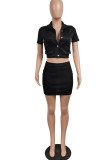 Black Fashion Casual Solid Basic Turndown Collar Short Sleeve Two Pieces