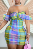 Blue Sexy Plaid Patchwork Off the Shoulder Pencil Skirt Dresses