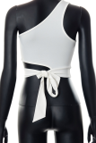 White Sexy Solid Patchwork One Shoulder Tops
