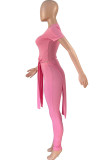 Pink Casual Solid Patchwork Slit Asymmetrical O Neck Short Sleeve Two Pieces