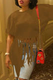 Coffee Fashion Casual Solid Tassel Patchwork Asymmetrical O Neck T-Shirts