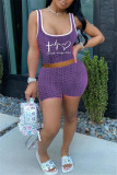 Purple Fashion Casual Print Basic U Neck Sleeveless Two Pieces