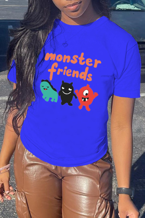 Blue Fashion Casual Letter Cartoon Print Basic O Neck T-Shirts