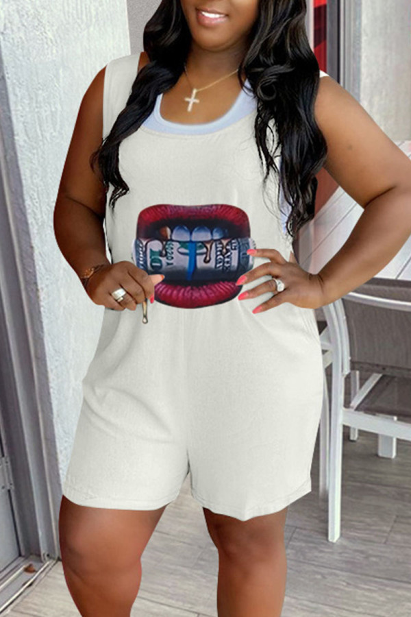 White Casual Print Patchwork Square Collar Straight Rompers