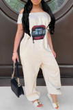 Red Casual Print Patchwork Off the Shoulder Loose Jumpsuits
