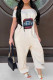 White Casual Print Patchwork Off the Shoulder Loose Jumpsuits