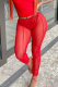 Red Sexy Solid See-through Mesh Skinny High Waist Pencil Solid Color Bottoms