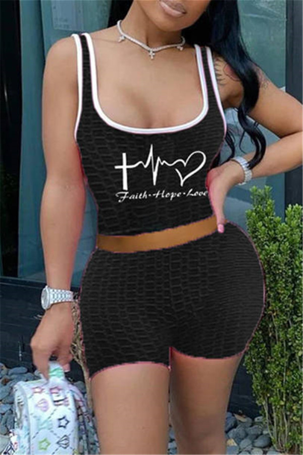 Black Fashion Casual Print Basic U Neck Sleeveless Two Pieces