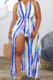 Blue Fashion Casual Striped Print Backless Slit Halter Sleeveless Two Pieces