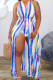 Blue Fashion Casual Striped Print Backless Slit Halter Sleeveless Two Pieces