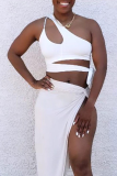 White Sexy Solid Patchwork One Shoulder Tops