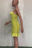 Yellow Sexy Solid Split Joint Flounce Fold Spaghetti Strap One Step Skirt Dresses
