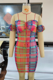 Blue Sexy Plaid Patchwork Off the Shoulder Pencil Skirt Dresses