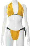 Yellow Vacation Solid Bandage Patchwork Swimwears