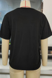 Black Casual Street Print Patchwork V Neck T-Shirts