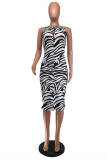 Black White Fashion Casual Print Hollowed Out O Neck Sleeveless Dress