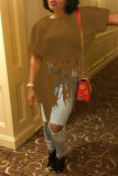 Coffee Fashion Casual Solid Tassel Patchwork Asymmetrical O Neck T-Shirts