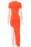 Tangerine Red Sexy Solid Patchwork O Neck Irregular Dress Dresses