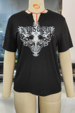 Black Casual Street Print Patchwork V Neck T-Shirts