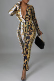 Multicolor Sexy Print Patchwork V Neck Regular Jumpsuits