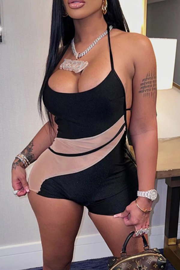 Black Sexy Solid Mesh Halter Pencil Skirt Dresses