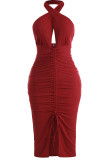Red Sexy Solid Patchwork Cardigan Halter One Step Skirt Dresses