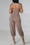 Coffee Sexy Solid Hollowed Out Patchwork Spaghetti Strap Straight Jumpsuits