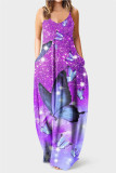 Purple Fashion Casual Print Backless Spaghetti Strap Long Dress