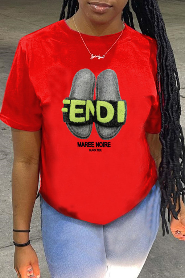 Red Fashion Casual Print Basic O Neck T-Shirts