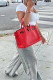 Grey Fashion Casual Solid Basic Regular High Waist Trousers