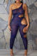 Dark Blue Fashion Sexy Solid Hollowed Out See-through Backless One Shoulder Skinny Jumpsuits