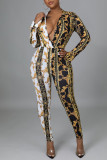 Multicolor Sexy Print Patchwork V Neck Regular Jumpsuits
