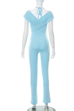 Blue Sexy Solid Patchwork Halter Skinny Jumpsuits