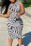 Black White Fashion Casual Print Hollowed Out O Neck Sleeveless Dress