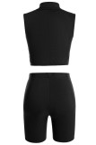 Coffee Casual Sportswear Solid Patchwork O Neck Sleeveless Two Pieces