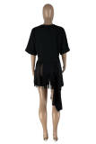 Coffee Fashion Casual Solid Tassel Patchwork Asymmetrical O Neck T-Shirts