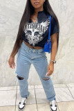 Black Casual Street Print Patchwork V Neck T-Shirts
