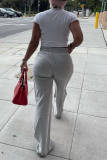 Grey Fashion Casual Solid Basic Regular High Waist Trousers