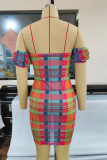 Blue Sexy Plaid Patchwork Off the Shoulder Pencil Skirt Dresses