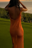 Tangerine Red Sexy Solid Slit Spaghetti Strap Irregular Dress Dresses