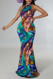 Colour Sexy Print Patchwork O Neck Long Dress Dresses