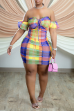 Blue Sexy Plaid Patchwork Off the Shoulder Pencil Skirt Dresses