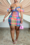 Blue Sexy Plaid Patchwork Off the Shoulder Pencil Skirt Dresses