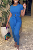 Pink Casual Solid Patchwork Slit Asymmetrical O Neck Short Sleeve Two Pieces